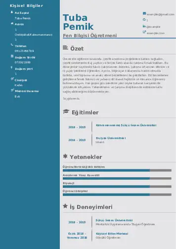 Fen Bilgisi Öğretmeni CV Örnekleri cv indir